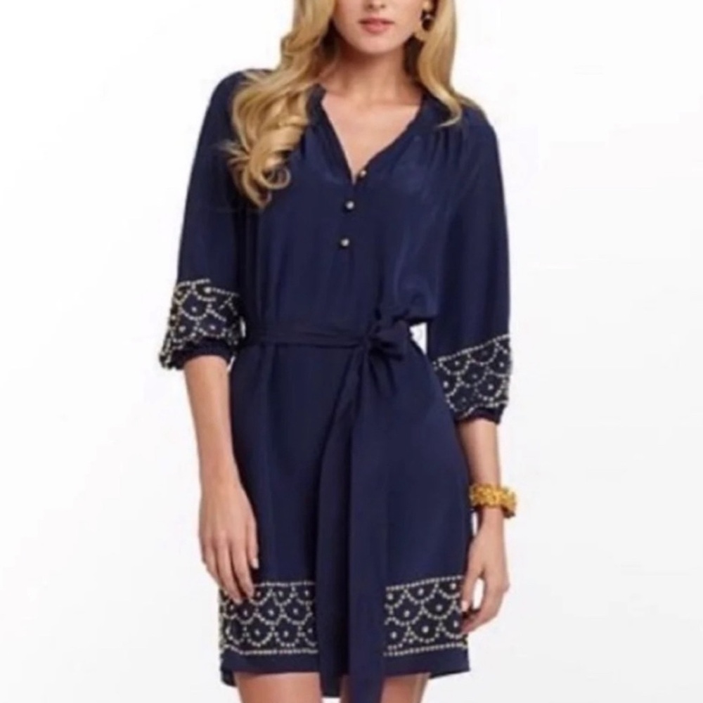 LILLY PULITZER bright navy silk gold studded Perla dress S